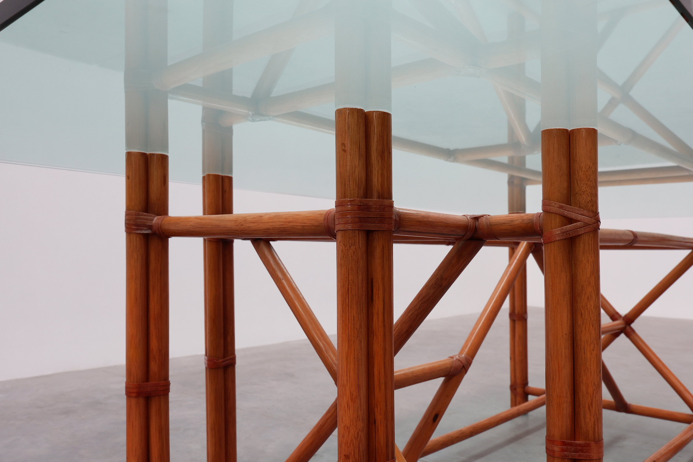 Large monumental bamboo dining table with glass top by Gasparucci, Italy 1980sthumbnail